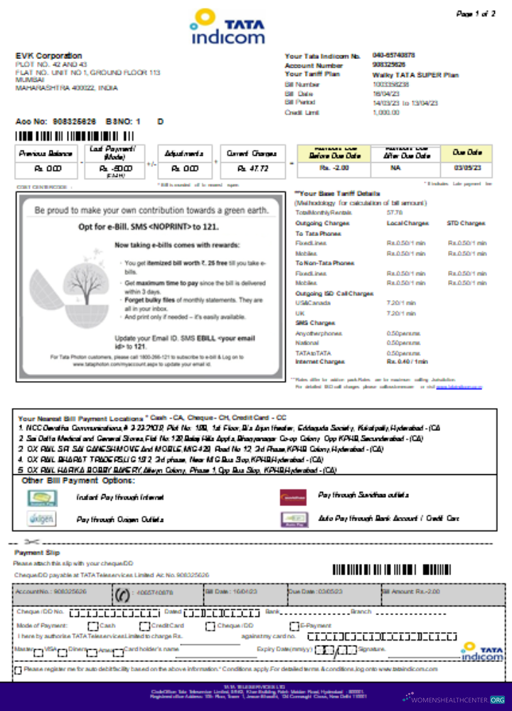 Download Tata Indicom mobile utility business bill, page 1, SCR Photoshop template